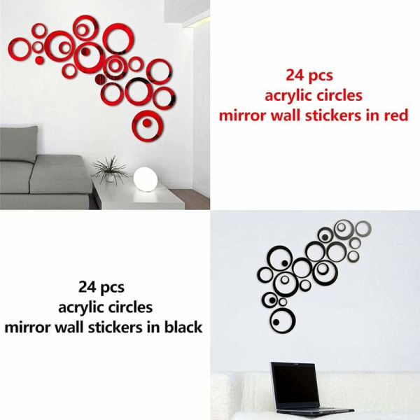 Akryl sirkel speil vegg klistremerker, baderom vegg klistremerker (svart og rød 48 stk)-