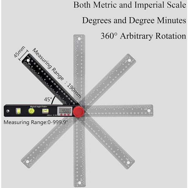 Digital vinkelmåler Vinkelmåler Vatterpas Digital goniometer 230mm 360° Vinkelmåler med vandret lodret cirkelniveau Boble, LCD-skærm