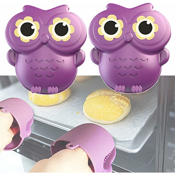 2-pack silikonugnsvantar, roliga ugglemössvantar, ugnshandskar, värmebeständiga kökshandskar, lätta att rengöra (lila)