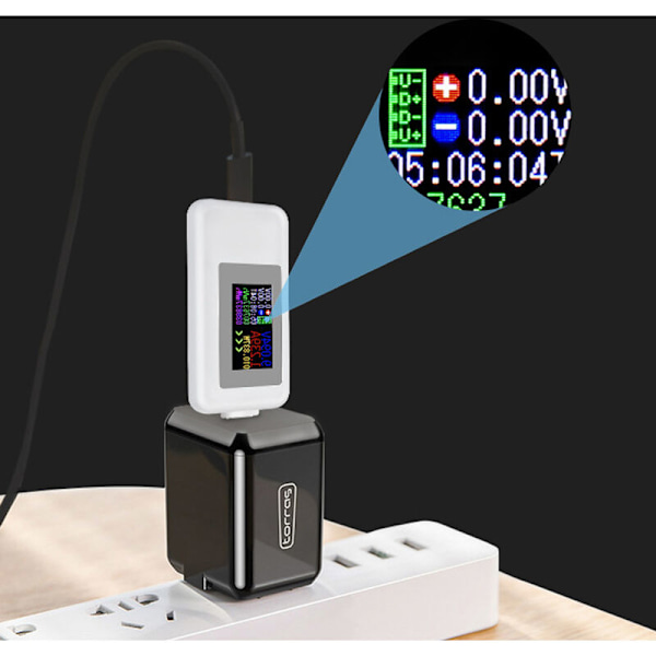 Type-C USB-strømmåler 4-30V USB-C spenning strømtester Timing Amperemeter 10 i 1 USB-C ladefarge skjerm, hvit