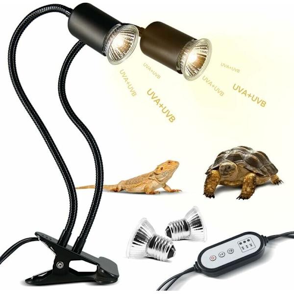 Dobbelthoved skildpadde varmelampe, 25W+50W krybdyr skildpadde lampe E27 UVA+UVB skildpadde lampe med 2 solpære og timer til skildpadder repti