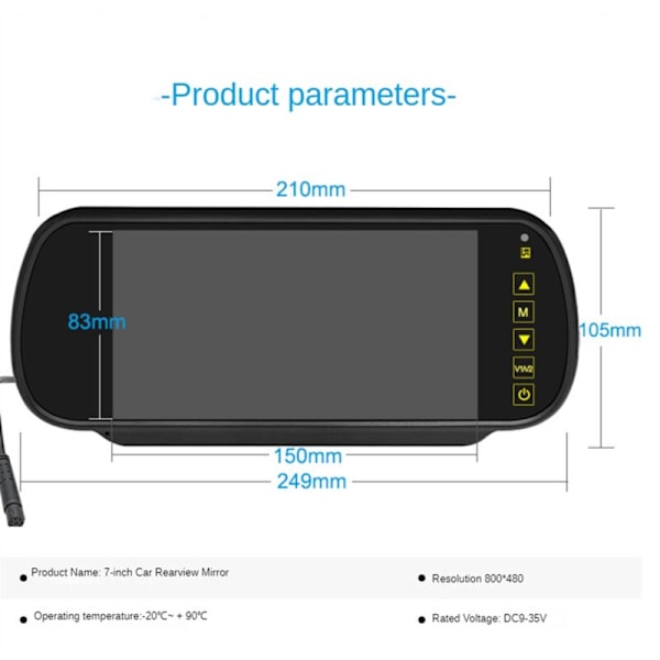 7-tums LCD-backspegelskärm för bil, parkeringsmonitor, 2 AV-ingångar, automatisk visningshjälp för backkamera