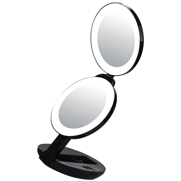 Trefaldig sminkspegel portabel hopfällbar portabel skönhet dubbelsidig liten led-spegel med fyllningsljus (svart Diameter 11,43*2,9 cm)