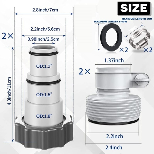 4PCS Svømmebasseng Slange Adapter, Svømmebasseng Adapter, Adapter for Intex Svømmebasseng, Svømmebasseng Slange Adapter, Pumpe Slange Adapter, Tilkobling f