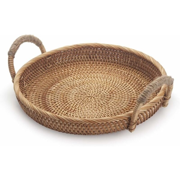 Runde fruktkurver i rotting for bord, flettet brødbratt med håndtak for servering av mat, kjeks, snacks (28 cm i diameter x 4,5 cm høy)