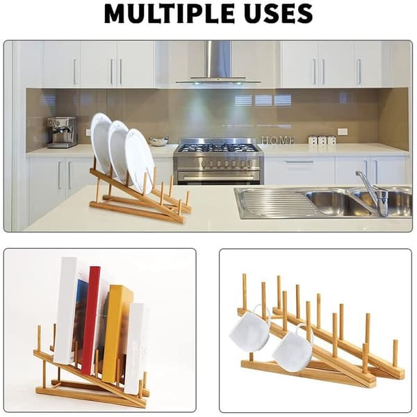 2 st Dish Rack i trä, Bambu Tallrikshållare Lockhållare, Diskställ Köksorganiserare för Disk Tallrik
