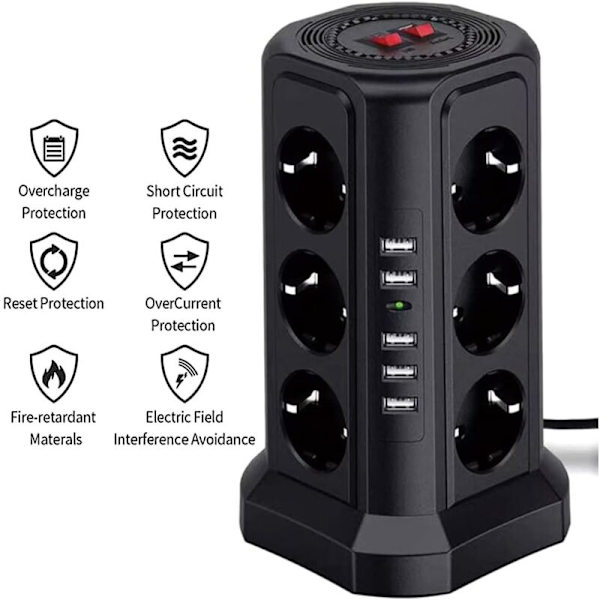 Tornin muuntaja 1,7 m:n pituudella, ylikuormitussuoja, lastensuojaus, yksittäiset kytkimet, 12 pistorasiaa, 2500 W, sähköinen, 5 USB-porttia