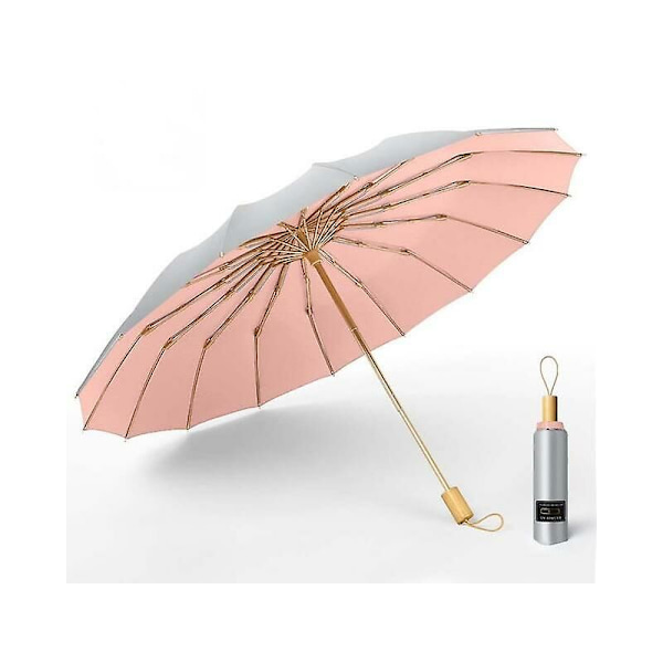 Stark vindresistent 3-delad 16K manuellt paraply för män och kvinnor, stort paraply för regn, super solskydd och UV-skydd, rosa
