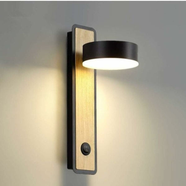 LED Væglampe Væglamper Indendørs belysning Træ Væglampe til soveværelse Stue Kontorgang, drejelig 350° (sort)