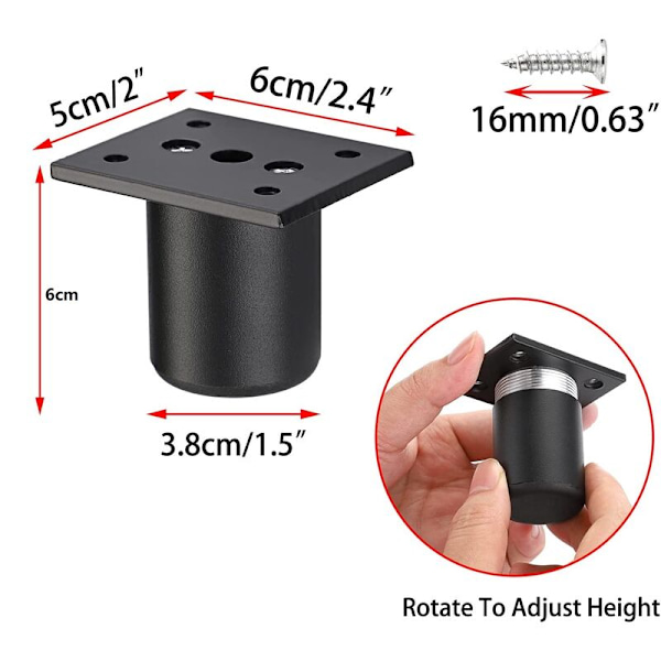 4 stk Justerbare Møbelben Sengeben Højere Møbler Aluminium Legering Fod til Boxmadras, Garderobe, Bord (Sort, Højde 60mm)