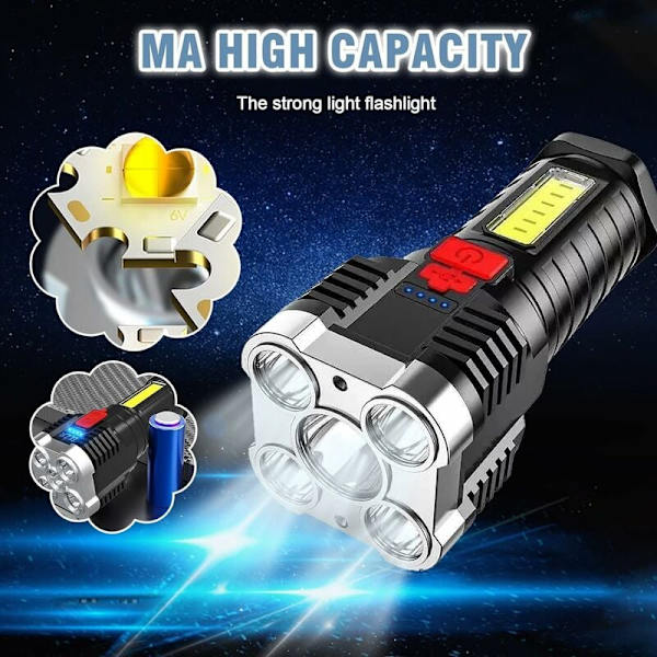Vattentät Glödlampa 5 Pärlor COB Explosionssäker Ficklampa - Lång Räckvidd Sidoljus - för Hem och Utomhus - USB Laddningsbar, (JF4554) [Energi C