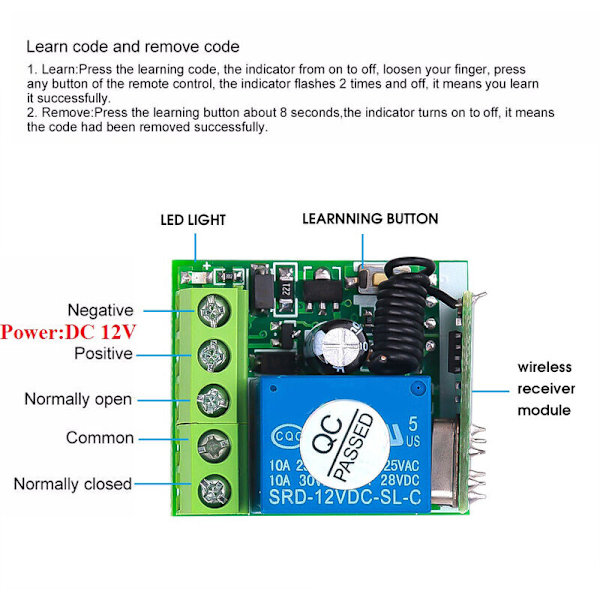 Enkeltkanals relæmodul DC 12V Universal trådløs switch RF relæmodtager + 2 CH fjernbetjening