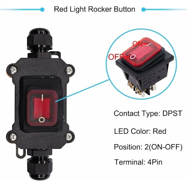 IP67 Vandtæt Kabelkontakt ON/OFF Linjekontakt 220V AC Vandtæt DPST 4 Terminaler Vippekontakt med Rød LED Dobbelt Linje Indgang og Udgang H-K062-KCD