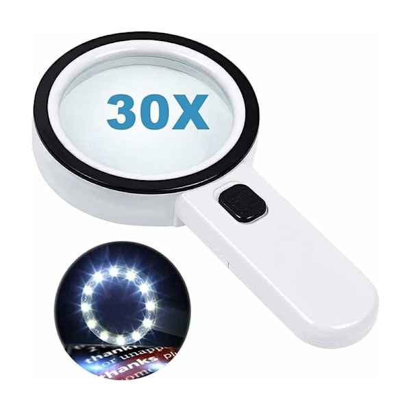 Luku suurennuslasi 12 LED-valolla, kaksoislasilinssillä ja 30x suurennuksella. Kolikoiden, postimerkkien ja korttien helppoon lukemiseen.