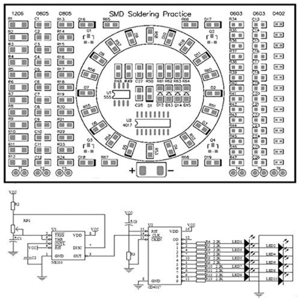 Pyörivä LED SMD NE555 DIY-juotosharjoituslevy Fanny elektroninen piirilevymoduuli DIY-taitoharjoittelu