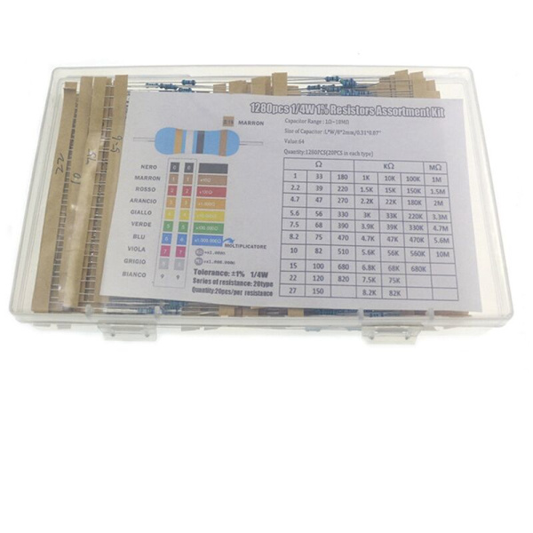 1280 st/ask 64 värden 1% Resistor Kit Metallfilm Resistor Sortiment Kit 1Ohm-10Mohm Resistor Provkit