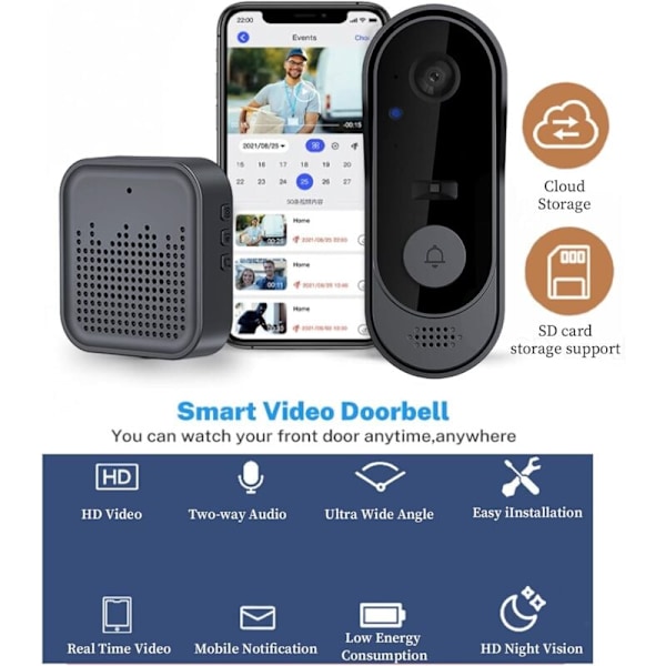Trådløs dørklokke med 1080P kamera, indendørs Wifi videodørtelefon, 2-vejs lyd, SD-kort og cloud-lagring, IP66 vandtæt, 130° vidvinkel infrarød N