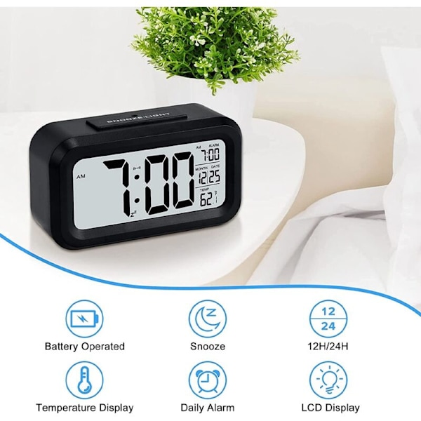 Digital väckarklocka, batteridriven väckarklocka, plus nattlampa snooze datum 12/24H inomhustemperatur (svart)