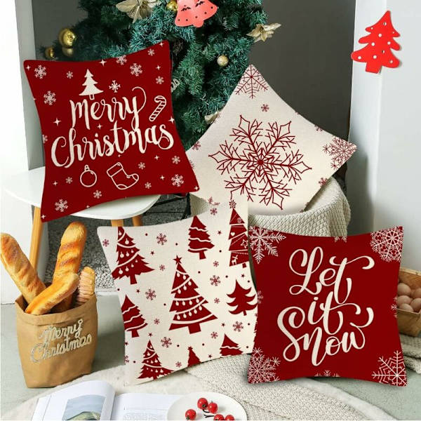 Julkuddeöverdrag, 4-pack Jul Kuddfodral 45x45cm Dekorativa Kuddfodral, Jul Linne Kuddfodral för Inredning