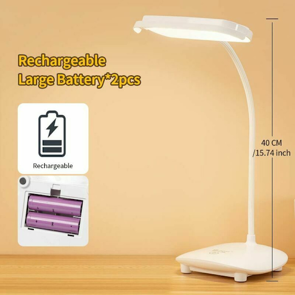 Trådlös USB Laddningsbar Skrivbordslampa 40 LED 2 3200mah Batterier, Touch Light 3 Färger 6 Dimbara Lägen, Minnesfunktion, Barnläslampa