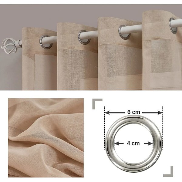 Set om 2 Khaki Genomskinliga Gardiner i Linneeffekt - Öglor Gardiner Sovrumsdekoration Halvgenomskinliga för Vardagsrum Köksgardin 140x145cm(Bredd x Höjd)