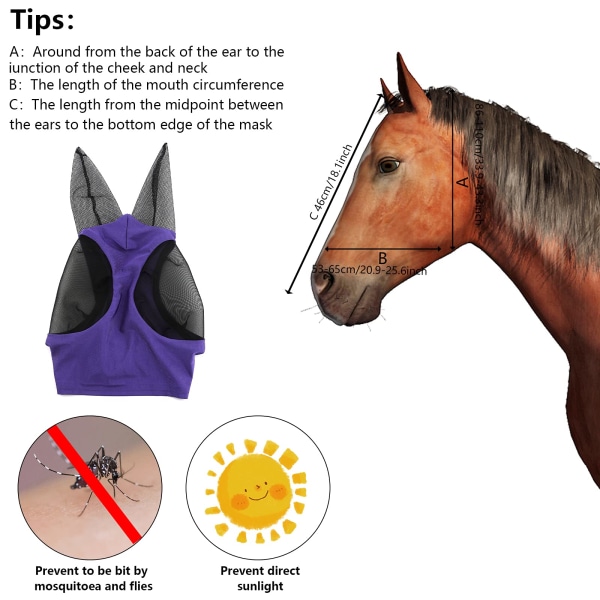 Hestefluemaske Hestefluemaske med nettingøyne og ører Pustende stoff Glatt stretch Hestefluemaske med UV-beskyttelse (lilla)