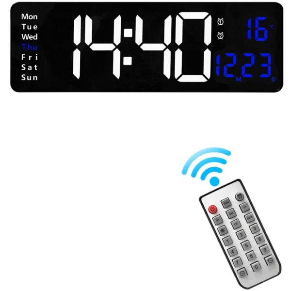 Digital väggklocka väggmonterad fjärrkontroll temperatur datum veckodag display strömavbrott minne bordsur dubbla väckarklockor C