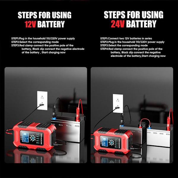10A 7-Segment Motorcykel Batterilader 12V24V Smart Bilbatterilader Marquee Indikator