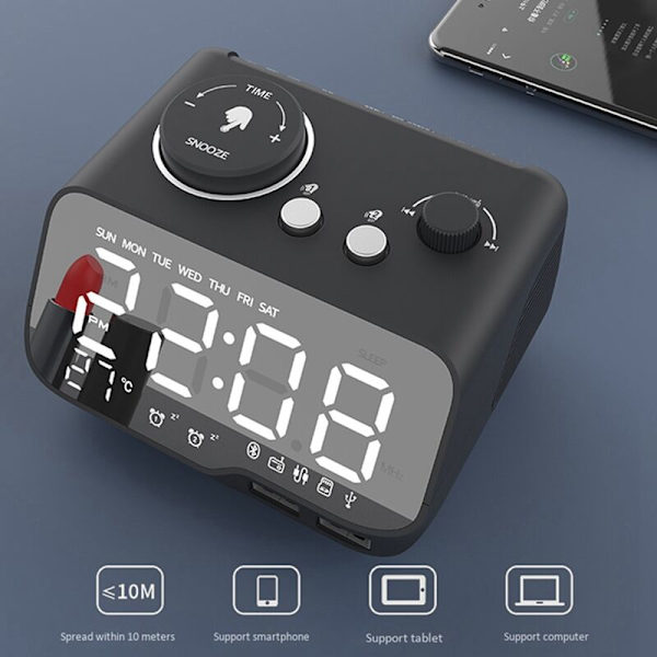 Digital väckarklocka Bluetooth-högtalare FM-radio Temperatur Ljusstyrka Dimmer Timer Klocka Svart-EU-kontakt