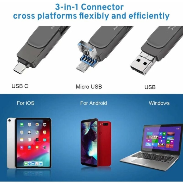 HUGERSTONE USB C Flash Drive 64 GB USB Flash Drive 3 i 1 USB Flash Drive, USB 3.0 Type-C Flash Drive, Memory Stick til MacBook Pro, Android Mobil