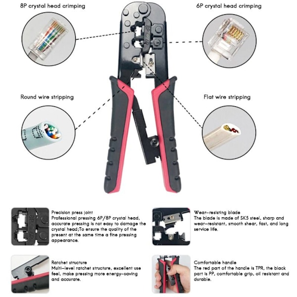 8P 6P RJ45 RJ12 Netværks Crimptang Crimpværktøjer Stripper Værktøj