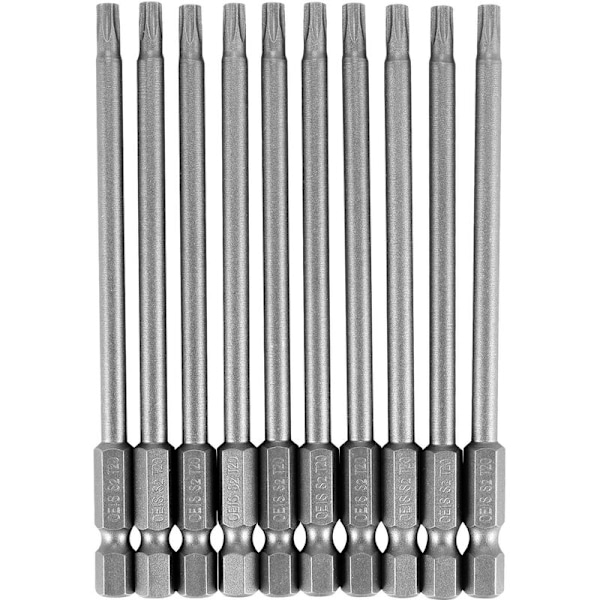 10 st Torx T20 Hex Shank Säkerhetsskruvmejsel Bits, Längd 100mm, Silvergrå