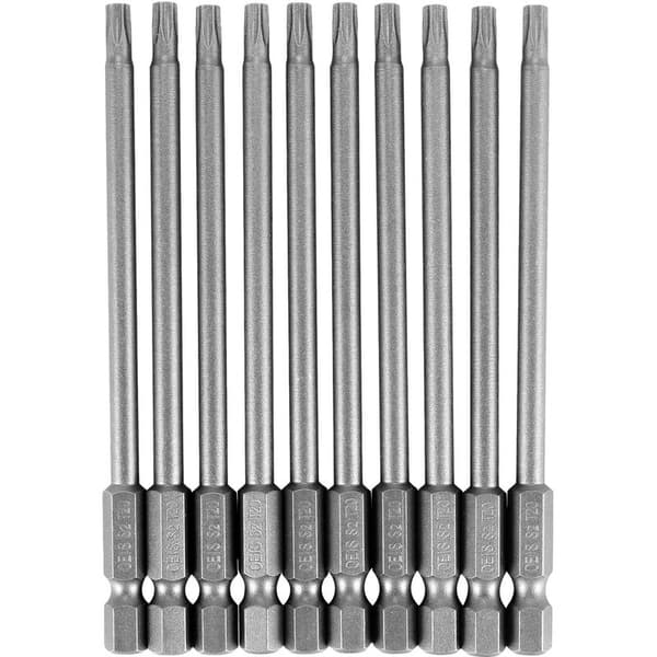 10 stk. Torx T20 Hex Shank Sikkerhedsskruetrækker Bits, Længde 100mm, Sølvgrå