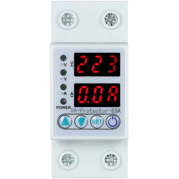 63A 220V Justerbar Din-skena Över och Underspänningsskyddsrelä Skydd Överströmsskydd Hembruk Två LED-displayer