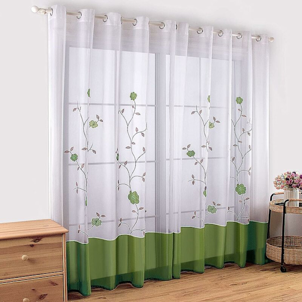 1 st transparent gardin med blomsterbroderi för sovrum, kök, vardagsrum, 140 cm x 245 cm, solgrön