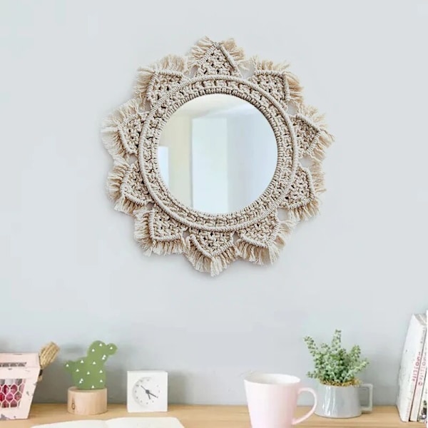 Väggmonterad rund spegel med macramé-fransar, boho-dekoration för lägenhet, vardagsrum, sovrum, barnrum, sovsal, entréer