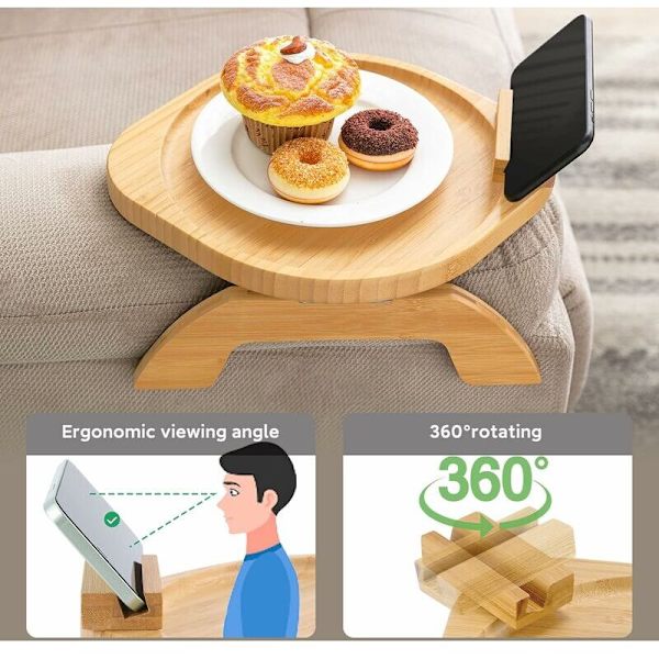 -Soffafack med roterande laptopställ i trä och bambu - Vikbart armstöd - för breda soffor - Halksäker - för soffa - Mugghållare - Rund