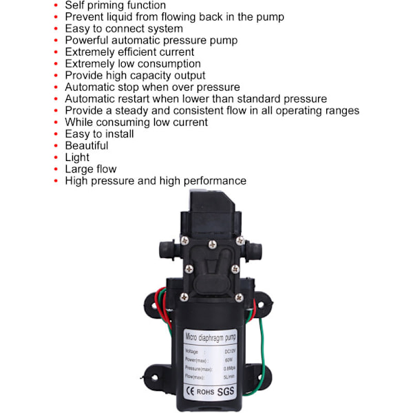 12V 60W Vandtryk Membranpumpe Selvsugende Sprøjtepumpe til Havevanding Pools