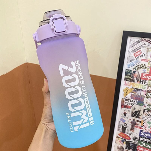 2000 ml stor dricksflaska med tidsmarkör giftfri läckagesäker sportflaska med sugrör-C
