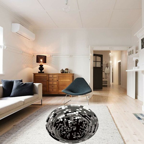 3D-illusionmatta 100 cm Rund Vortex 3D-virveltryck Optisk Illusion Halksäker Ovävd Svart och Vit Golvmatta för Matrum Hem Sovrum
