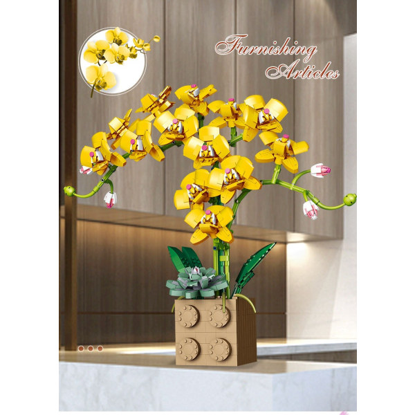 Veggdekor byggeklossbukett Phalaenopsis byggeklossbukettpynt (gul)