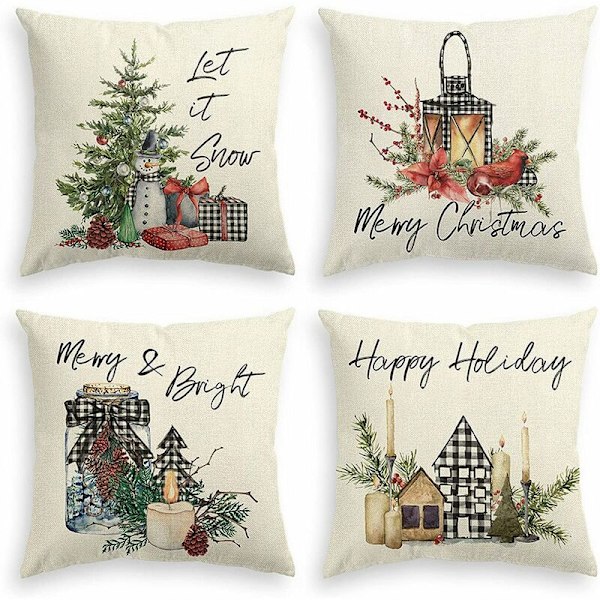Jul kuddfodral 18X18 Set om 4, Rutig snögubbe träd kudde dekoration för soffa säng