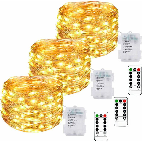 [Set med 3] Batteridrivna ljusslingor, 10M 100LED Batteridrivna LED-ljusslingor med fjärrkontroll 8 lägen Timerfunktion IP65 Vattentät Li