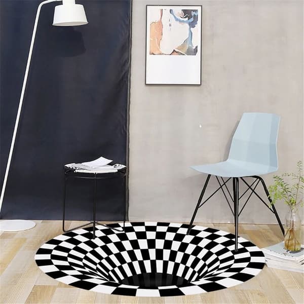 Illusion Matta Fäll Effekter 3D Bottenlös Hål Rund Matta Svart Vit Rutnät Sovrum Rum Halkfri Golvmatta-C