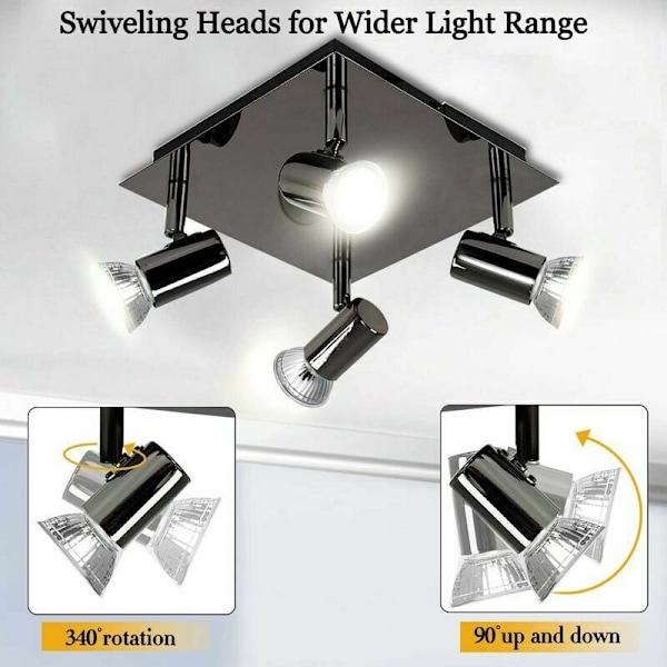 Spottaklampa för takbelysning LED Taklampa 4 Justerbara Kvadratiska Spots Modern i Svart Krom, 6W GU10 4500K Neutralvit AC220-240V IP20, Tak