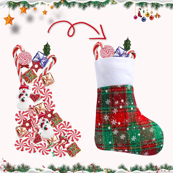 24 pakkauksen mini joulusukat, 9 tuuman Buffalo Plaid -sukat Snowflake Red Green -sukat pehmohihansuilla joulukuusenkoristeisiin Gift Bo