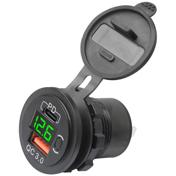12V-24V 48W USB-kontakt Vanntett PD og QC3.0 Portlader med LED-spenning for Bil Lastebil Golfbil Grønn