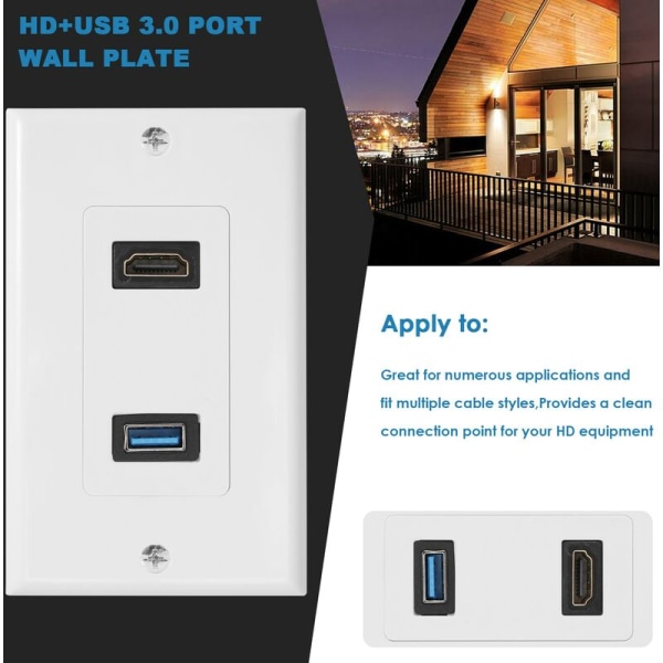 1 x 2 porter + USB 3.0 veggplatepaneluttak sokkelekspander hvit