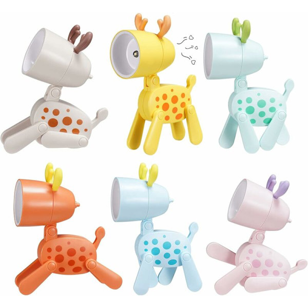 Mini Natlampe til Børn, Sæt med 6 Mini Bordlamper, Bærbare LED Natlamper til Børn, Justerbare Tegnefilm Hjorte/Hvalpe/Dinosaur Natlamper (Hjorte)