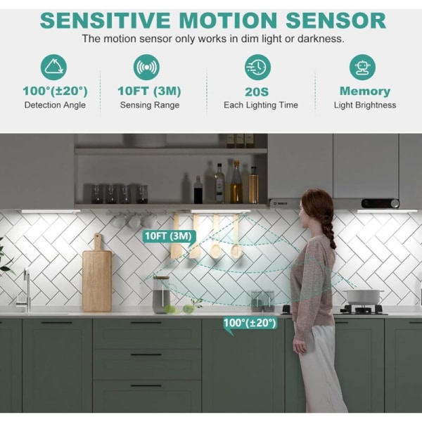 Under-skab belysning med bevægelsessensor og fjernbetjening, 3 farvetemperaturer, LED-skab belysning, USB-C genopladelig, dæmpbar diskant belysning, ledning